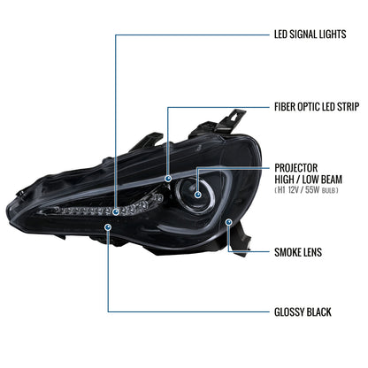 Ronnin - Fits 2013-2016 Scion FR-S Upgrade LED Running Lights Tube Projector Halogen Headlights Assembly Pair | Black Smoke