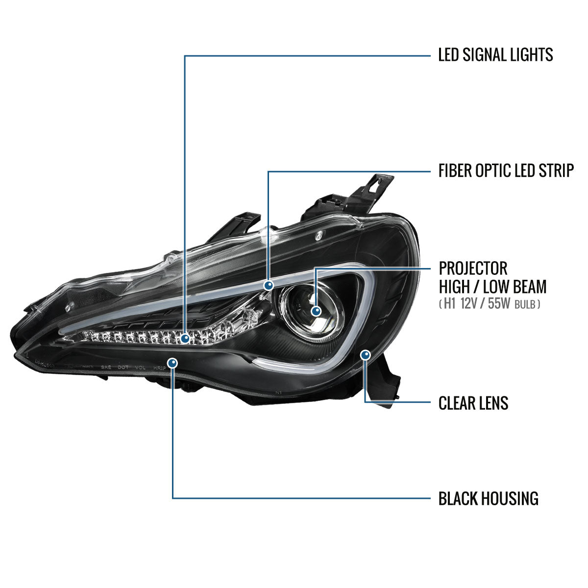 Ronnin - Fits 2013-2016 Scion FR-S Upgrade LED Running Lights Tube Projector Halogen Headlights Assembly Pair | Black