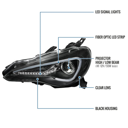 Ronnin - Fits 2013-2016 Scion FR-S Upgrade LED Running Lights Tube Projector Halogen Headlights Assembly Pair | Black