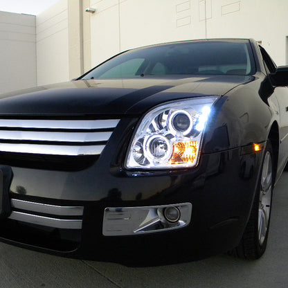 Ronnin - Compatible con Ford Fusion 2006-2009, reemplazo mejorado, faros delanteros de proyector LED de doble aro, par | Cromado