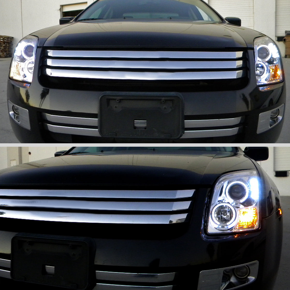Ronnin - Compatible con Ford Fusion 2006-2009, reemplazo mejorado, faros delanteros de proyector LED de doble aro, par | Cromado