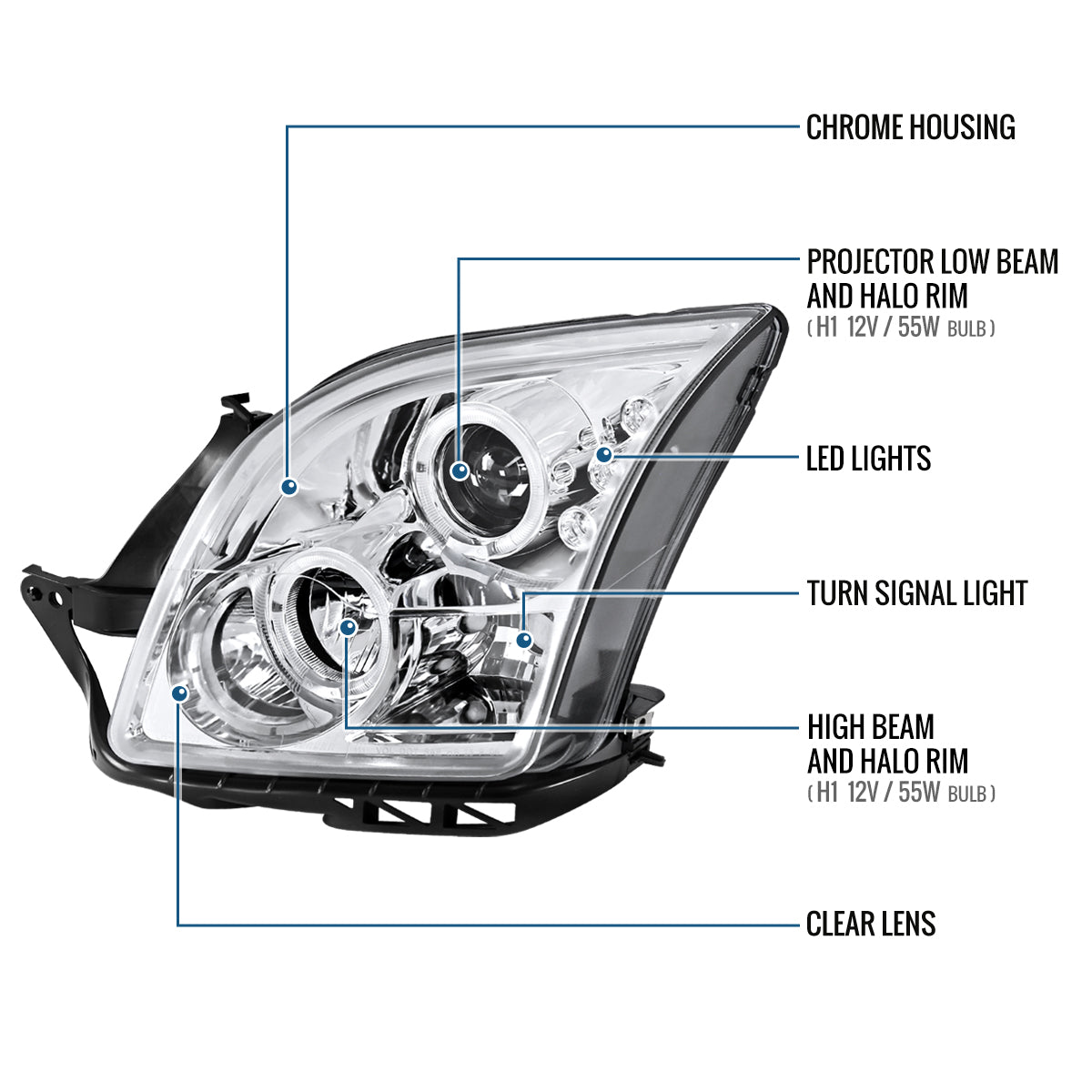 Ronnin - Compatible con Ford Fusion 2006-2009, reemplazo mejorado, faros delanteros de proyector LED de doble aro, par | Cromado