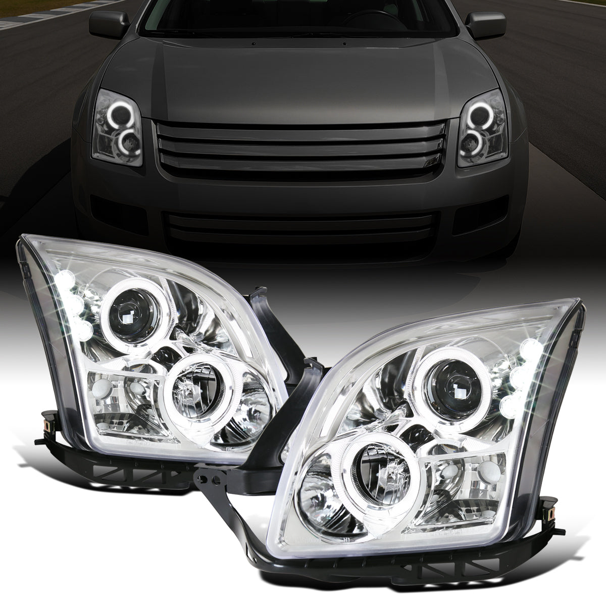 Ronnin - Compatible con Ford Fusion 2006-2009, reemplazo mejorado, faros delanteros de proyector LED de doble aro, par | Cromado