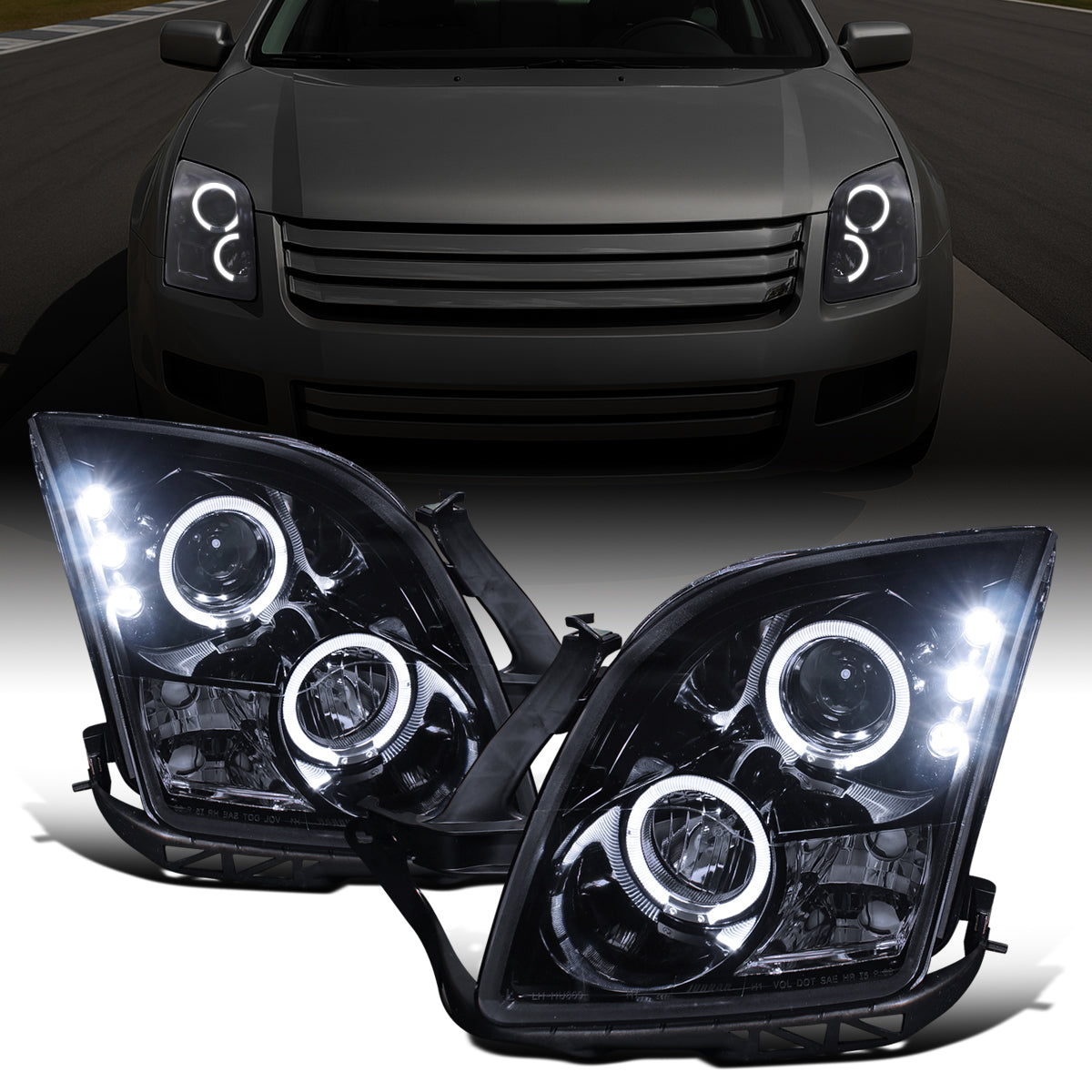 Ronnin - Compatible con Ford Fusion 2006-2009 Actualización Reemplazo Faros delanteros LED Proyector con doble halo | Negro Humo