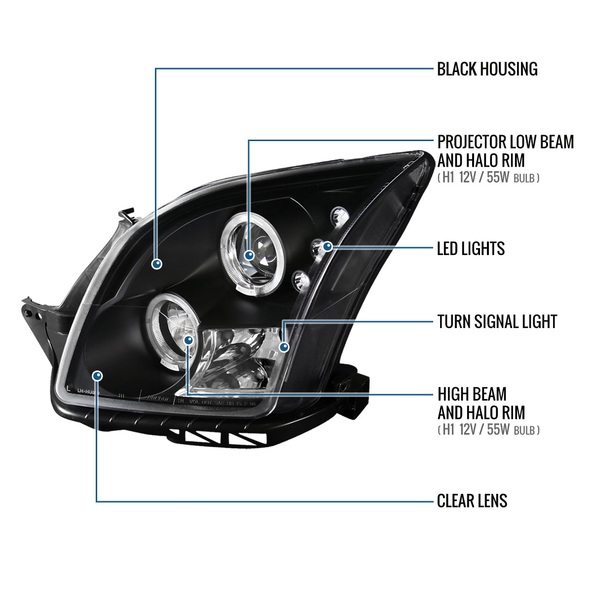 Ronnin - Compatible con Ford Fusion 2006-2009, par de faros delanteros con proyector LED de doble aro | Negro