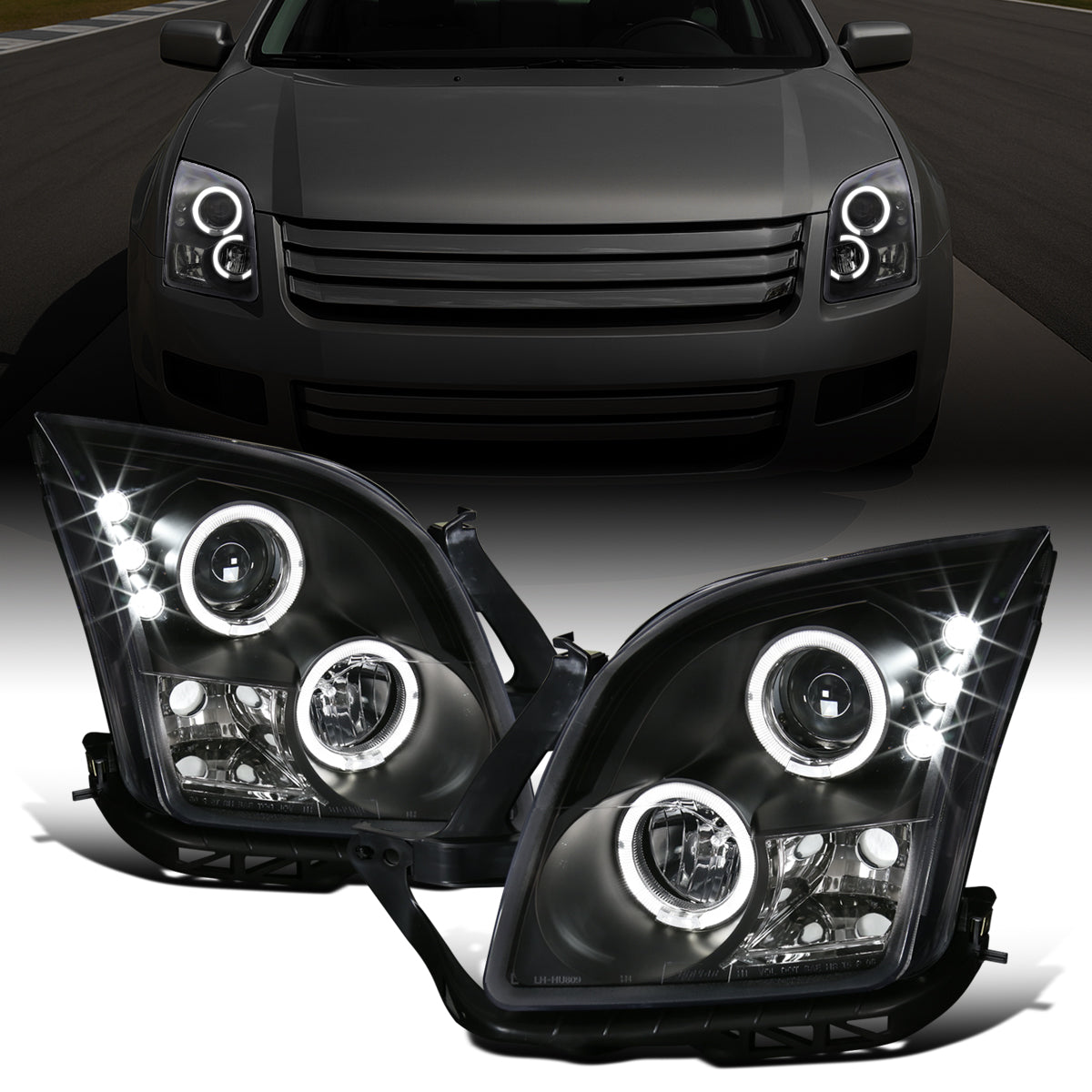 Ronnin - Compatible con Ford Fusion 2006-2009, par de faros delanteros con proyector LED de doble aro | Negro