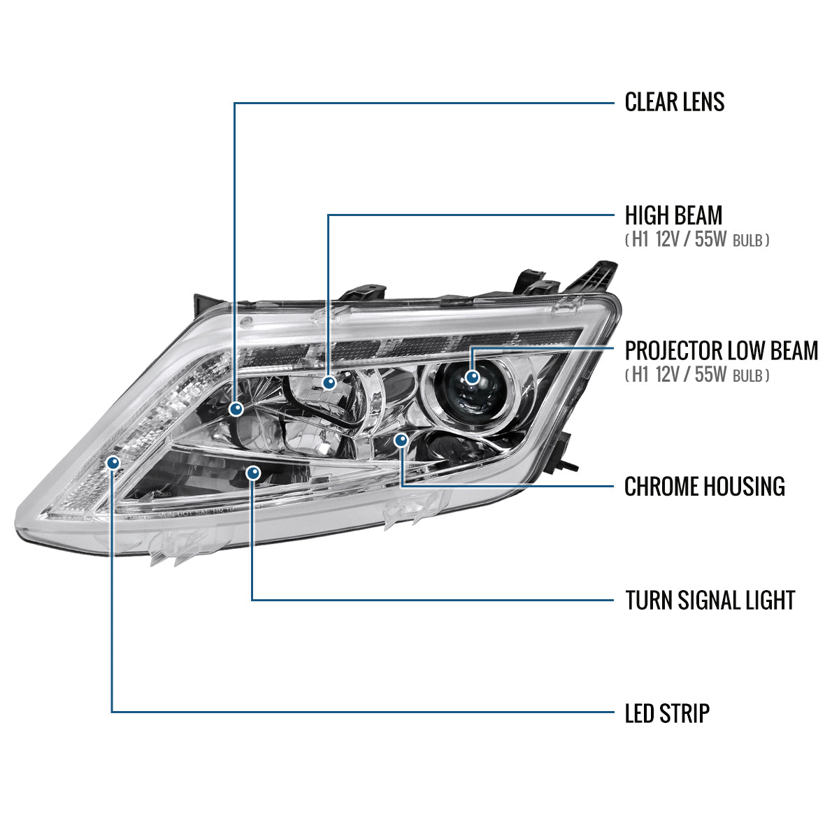 Ronnin - Faros delanteros con proyector LED de circulación diurna, repuesto mejorado para Ford Fusion 2010-2012, par | Cromado