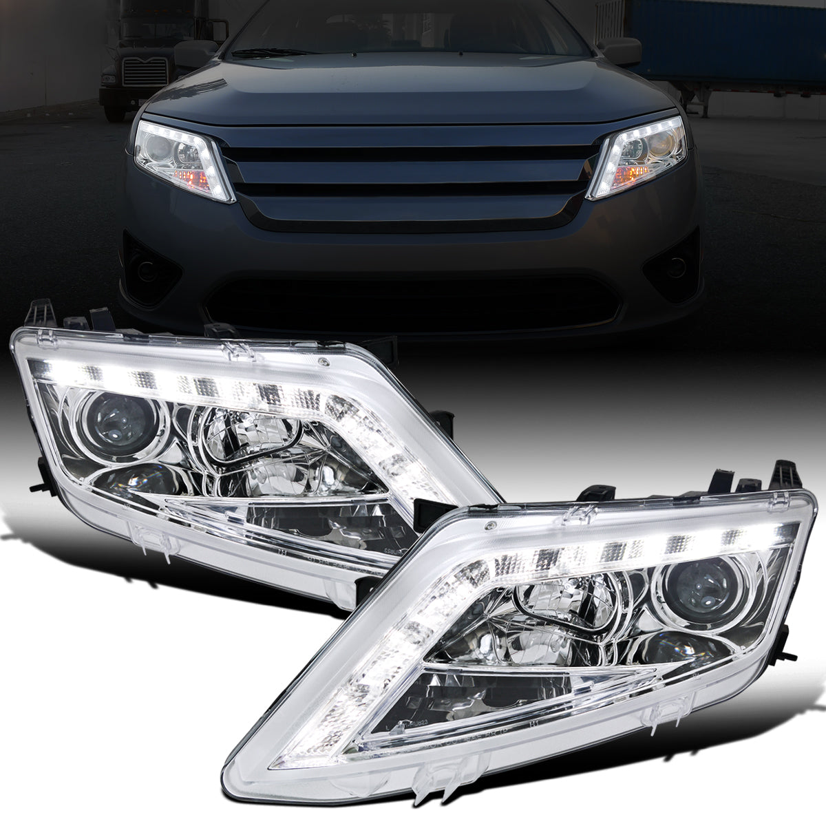 Ronnin - Faros delanteros con proyector LED de circulación diurna, repuesto mejorado para Ford Fusion 2010-2012, par | Cromado