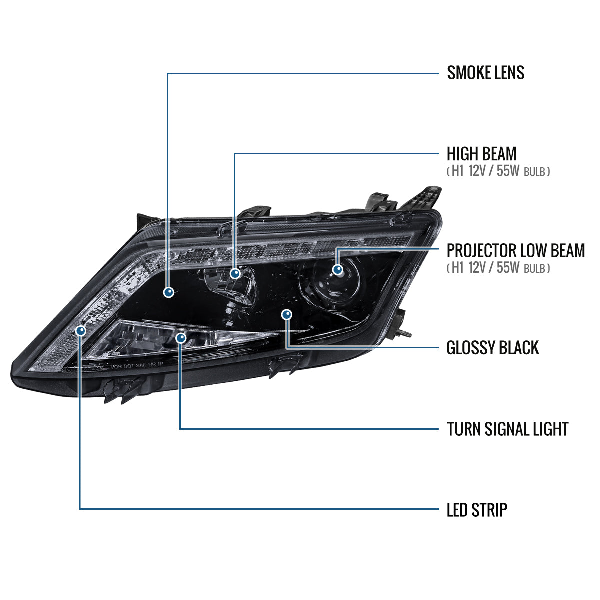 Ronnin - Faros delanteros con proyector LED de repuesto mejorados para Ford Fusion 2010-2012, par | Ahumado