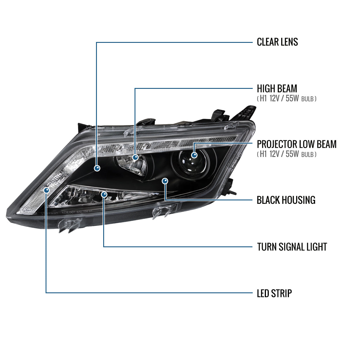 Ronnin - Conjunto de faros delanteros con proyector y luces LED de circulación diurna mejoradas, para Ford Fusion 2010-2012, par | Negros