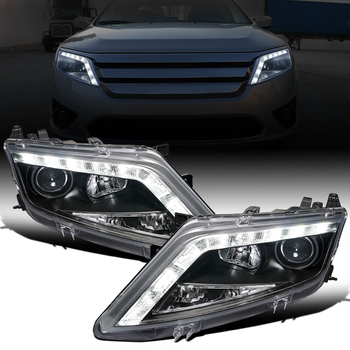 Ronnin - Conjunto de faros delanteros con proyector y luces LED de circulación diurna mejoradas, para Ford Fusion 2010-2012, par | Negros
