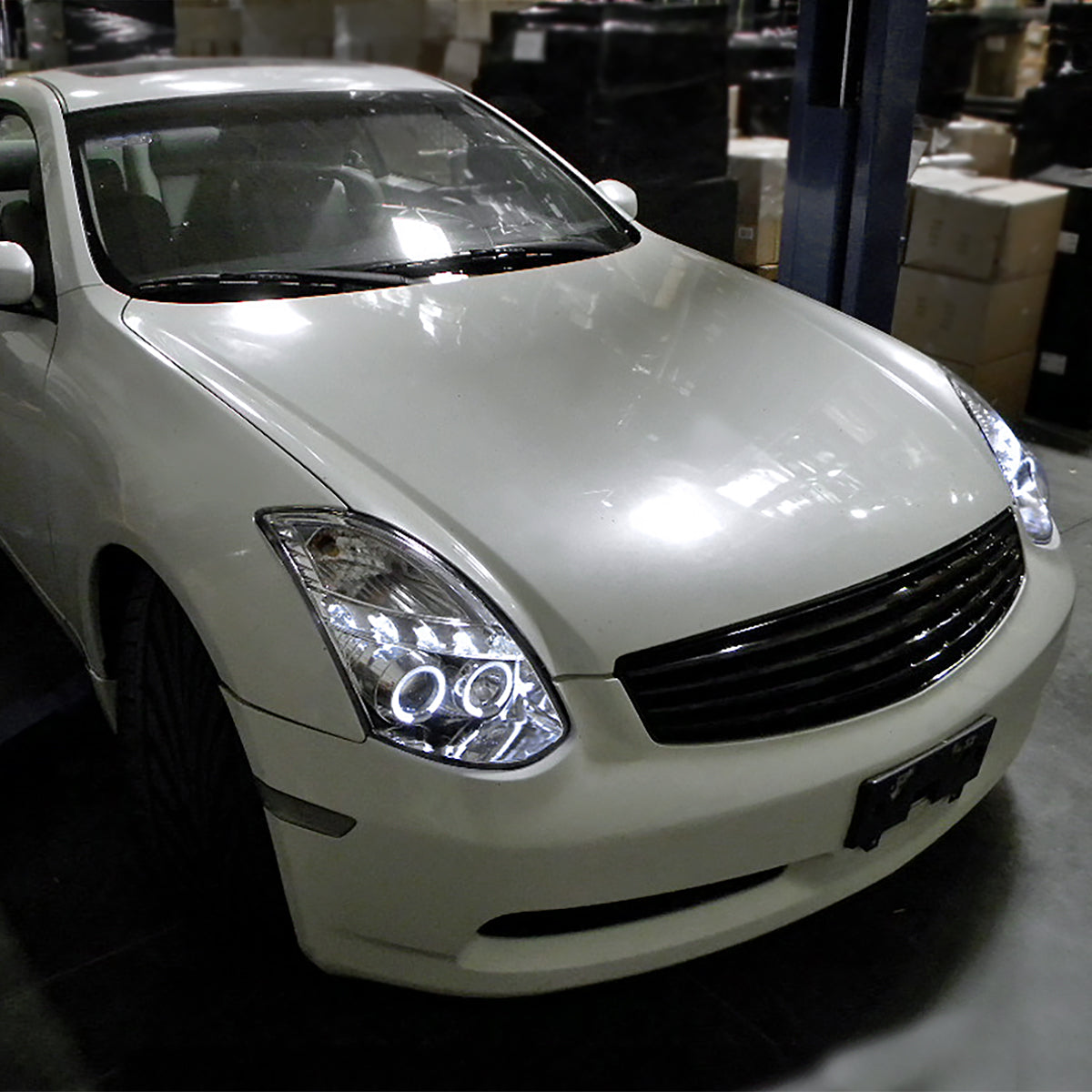 Ronnin - Compatible con Infiniti G35 Coupé 2 puertas 2003-2007 Faro proyector Xenón LED con doble halo | Cromado