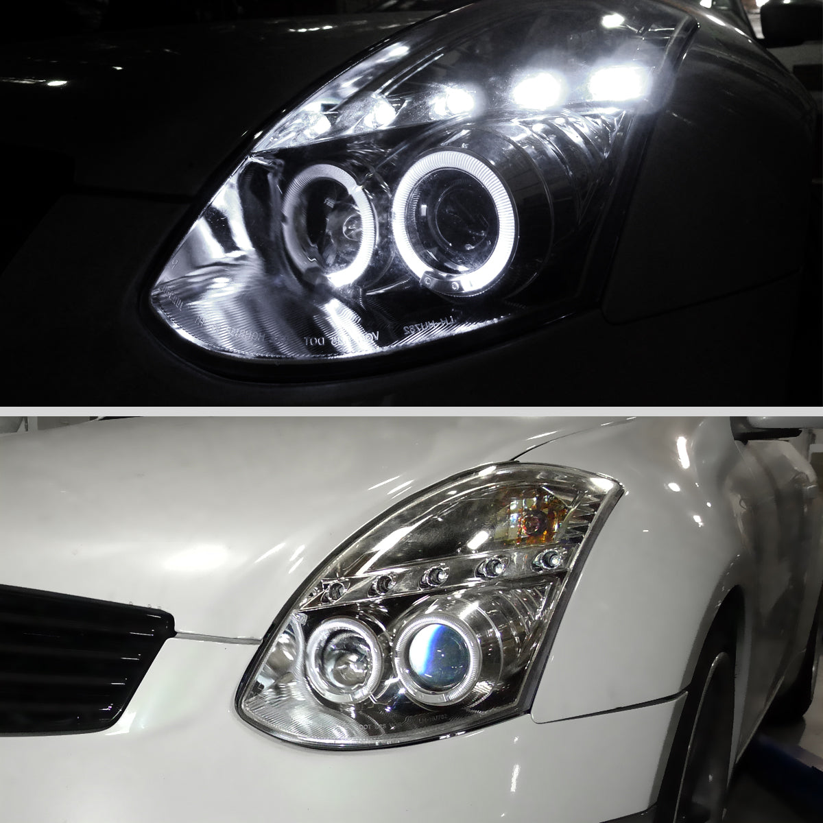 Ronnin - Compatible con Infiniti G35 Coupé 2 puertas 2003-2007 Faro proyector Xenón LED con doble halo | Cromado