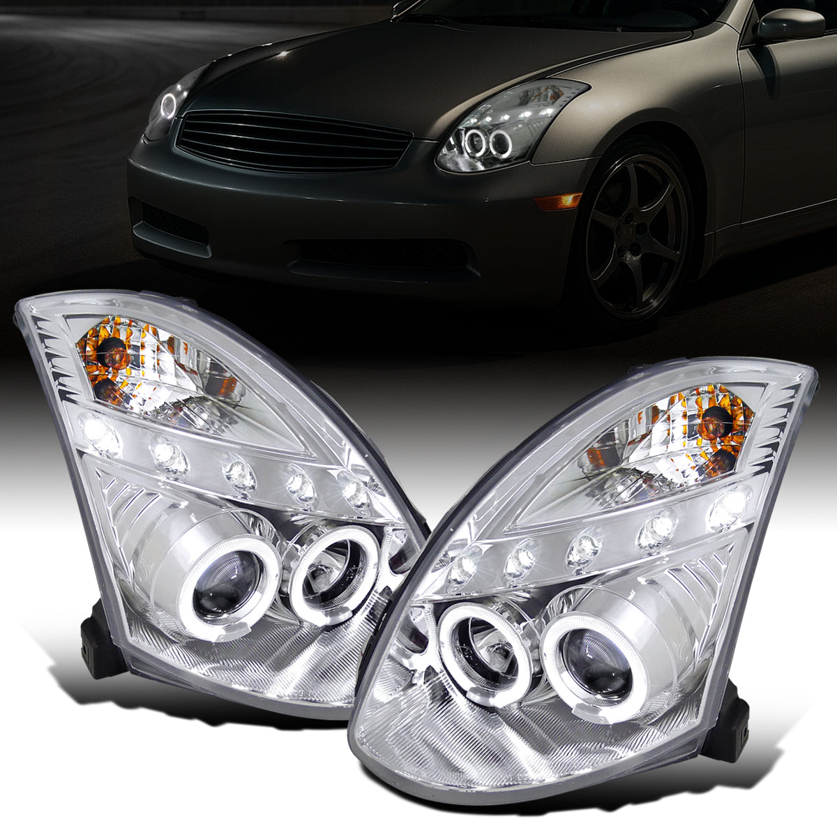Ronnin - Compatible con Infiniti G35 Coupé 2 puertas 2003-2007 Faro proyector Xenón LED con doble halo | Cromado