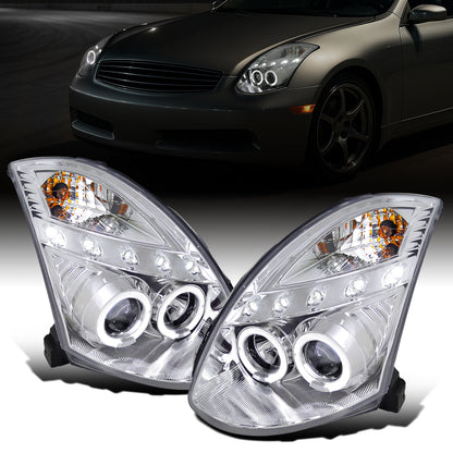 Ronnin - Compatible con Infiniti G35 Coupé 2 puertas 2003-2007 Faro proyector Xenón LED con doble halo | Cromado
