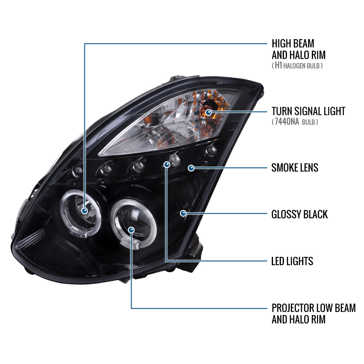 Ronnin - Compatible con Infiniti G35 Coupé 2003-2007 2 puertas Faros delanteros con proyector Xenon LED Dual Halo | Negro Ahumado