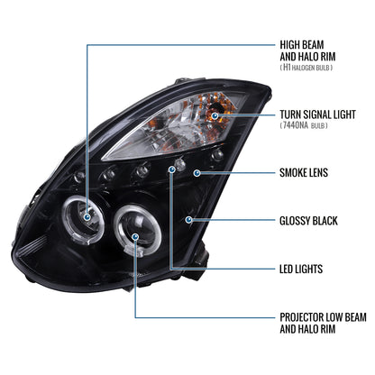 Ronnin - Compatible con Infiniti G35 Coupé 2003-2007 2 puertas Faros delanteros con proyector Xenon LED Dual Halo | Negro Ahumado