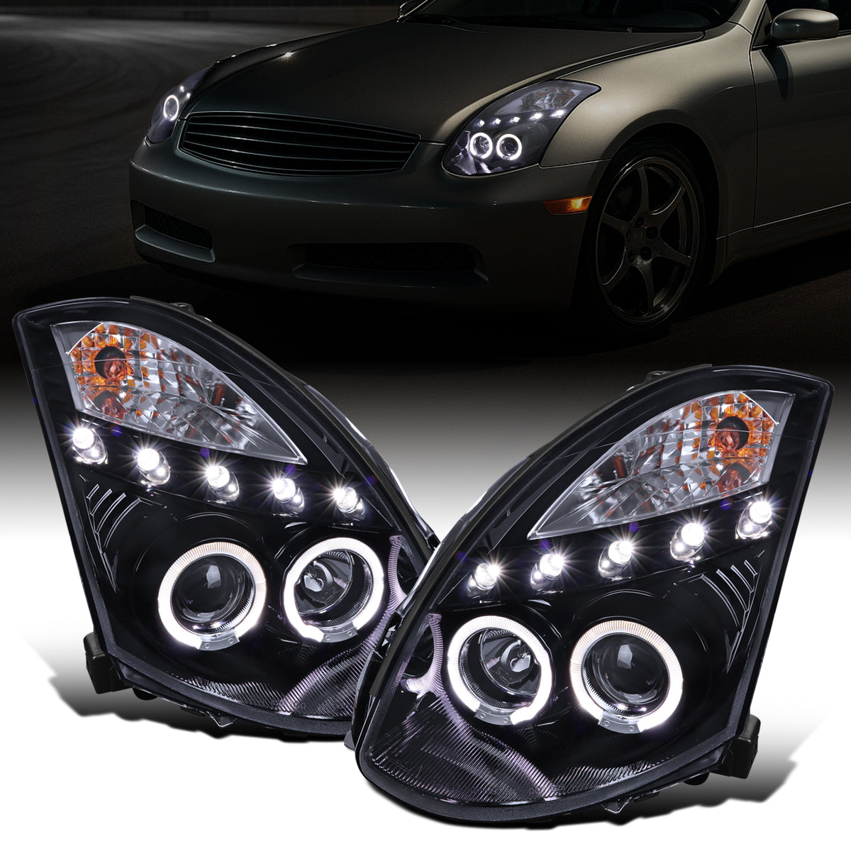 Ronnin - Compatible con Infiniti G35 Coupé 2003-2007 2 puertas Faros delanteros con proyector Xenon LED Dual Halo | Negro Ahumado