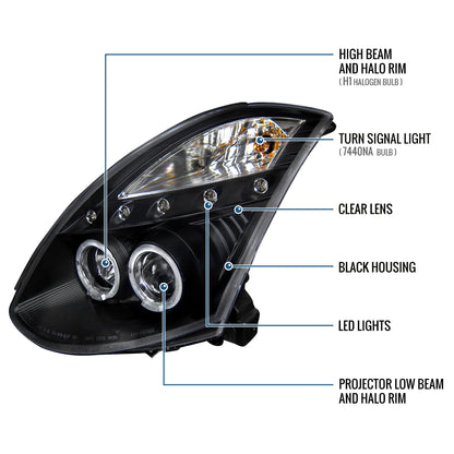 Ronnin - Se adapta a Infiniti G35 cupé 2 puertas 2003-2007, faros delanteros con proyector de aros de doble halo LED de xenón, par de ensamblajes | Negro