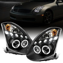 Ronnin - Se adapta a Infiniti G35 cupé 2 puertas 2003-2007, faros delanteros con proyector de aros de doble halo LED de xenón, par de ensamblajes | Negro