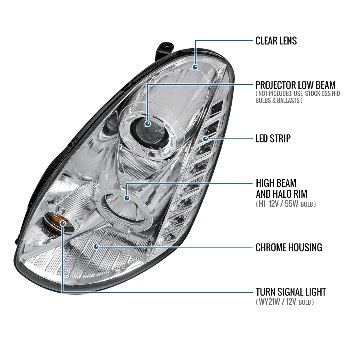 Ronnin - Fits 2005-2006 Infiniti G35 Sedan Projector Headlights LED Running Lights Assembly Pair | Chrome