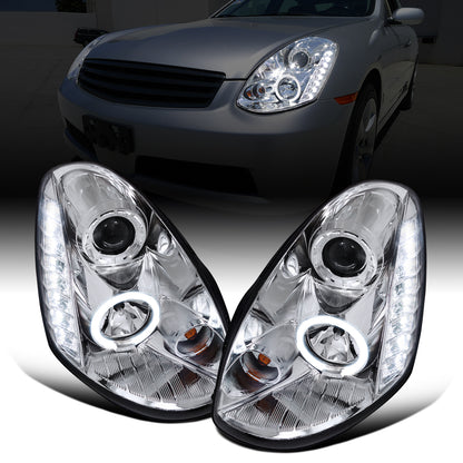 Ronnin - Fits 2005-2006 Infiniti G35 Sedan Projector Headlights LED Running Lights Assembly Pair | Chrome