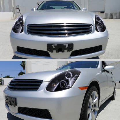 Ronnin - Fits 2005-2006 Infiniti G35 Sedan Projector Headlights LED Running Lights Assembly Pair | Black Smoke