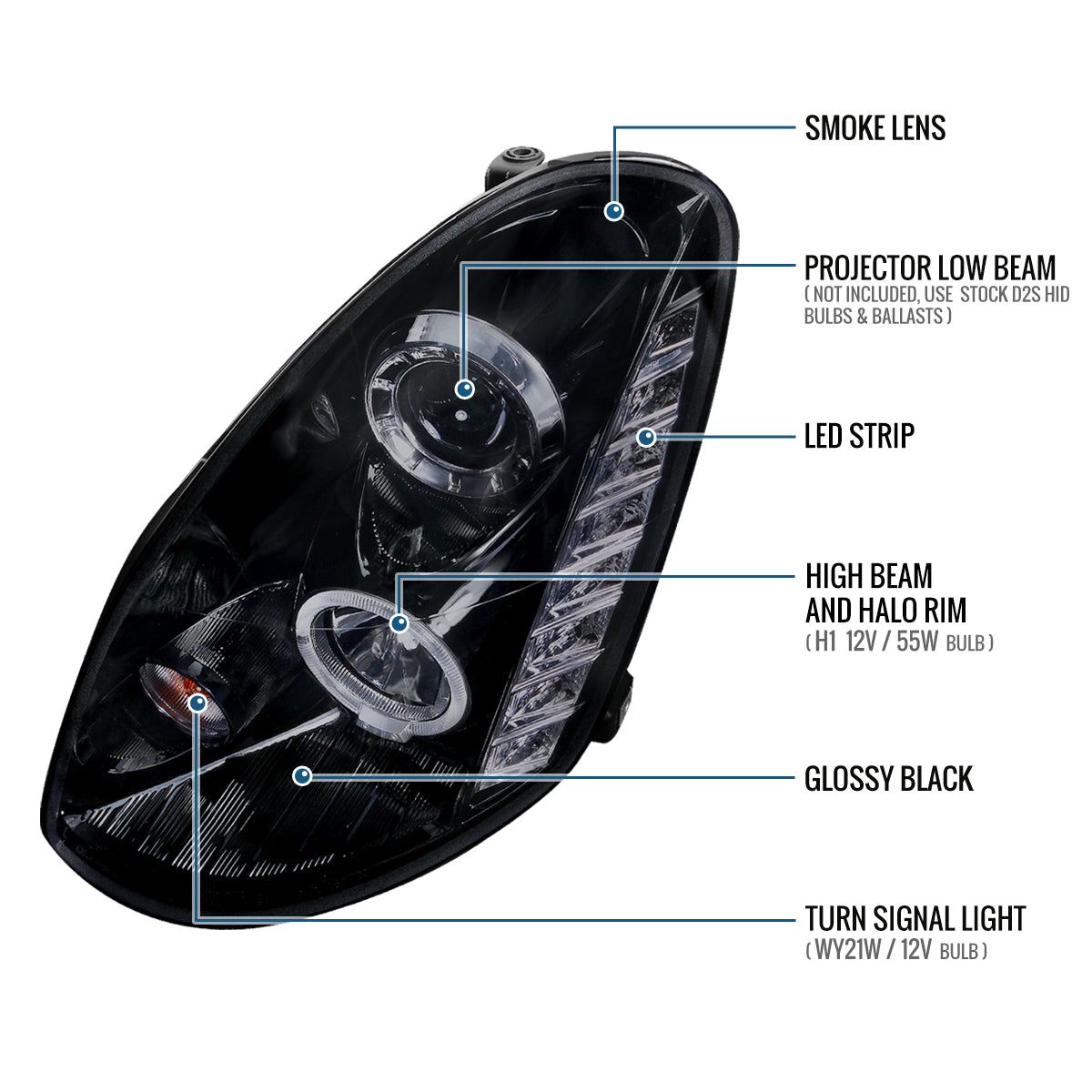 Ronnin - Fits 2005-2006 Infiniti G35 Sedan Projector Headlights LED Running Lights Assembly Pair | Black Smoke