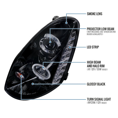 Ronnin - Fits 2005-2006 Infiniti G35 Sedan Projector Headlights LED Running Lights Assembly Pair | Black Smoke