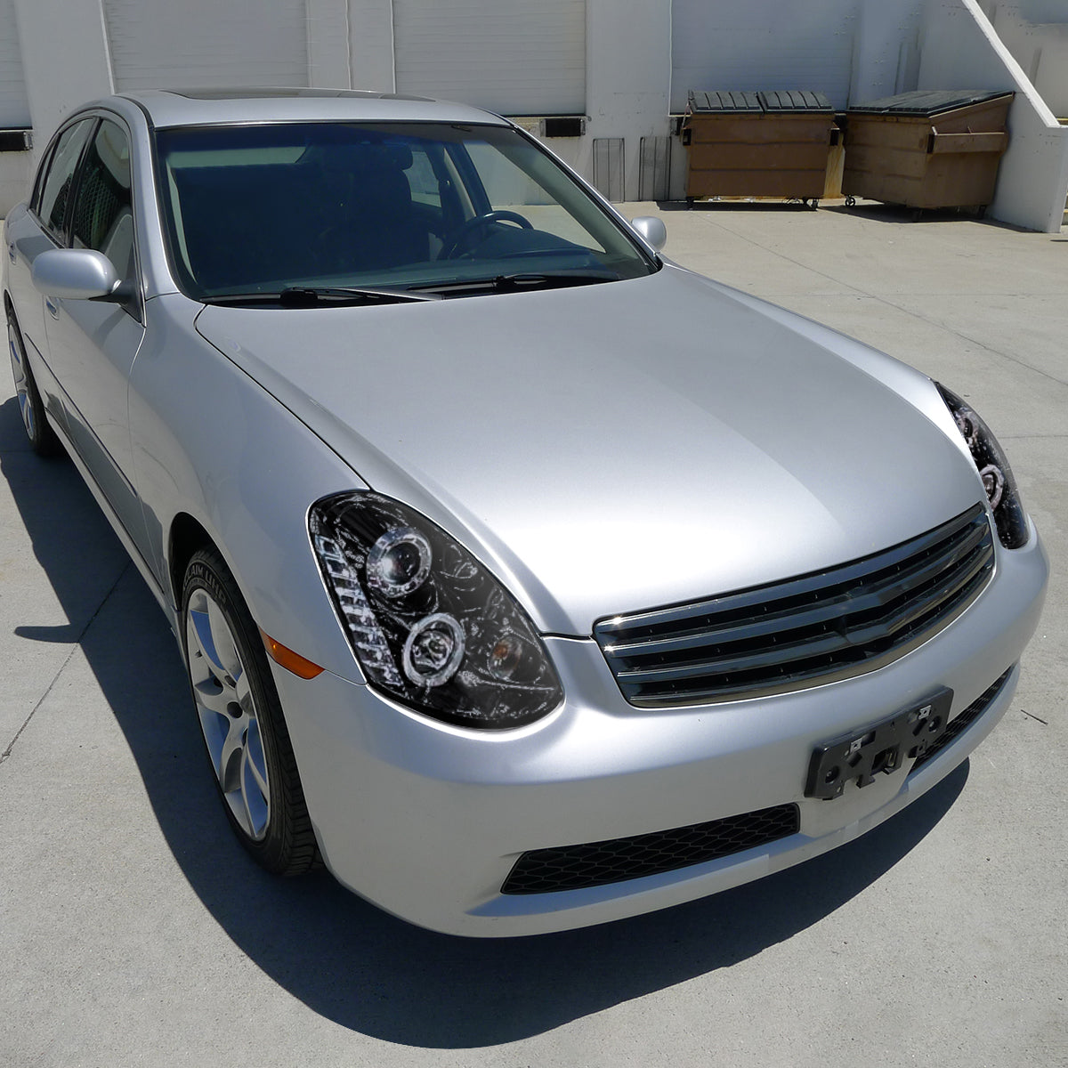 Ronnin - Fits 2005-2006 Infiniti G35 Sedan Projector Headlights LED Running Lights Assembly Pair | Black Smoke