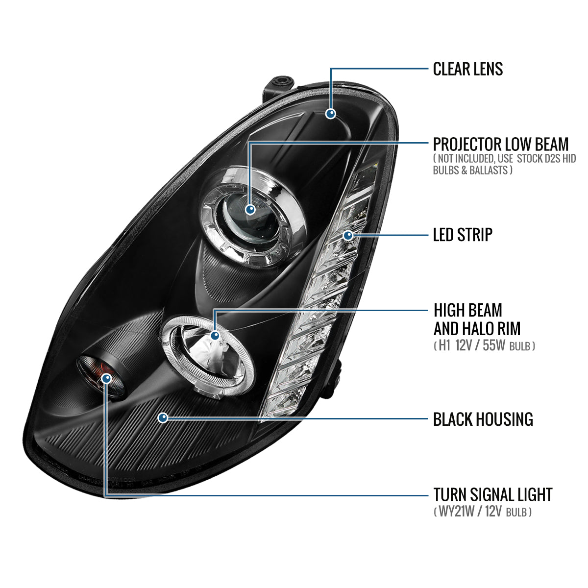 Ronnin - Fits 2005-2006 Infiniti G35 Sedan Projector Headlights LED Running Lights Assembly Pair | Black
