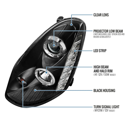 Ronnin - Fits 2005-2006 Infiniti G35 Sedan Projector Headlights LED Running Lights Assembly Pair | Black