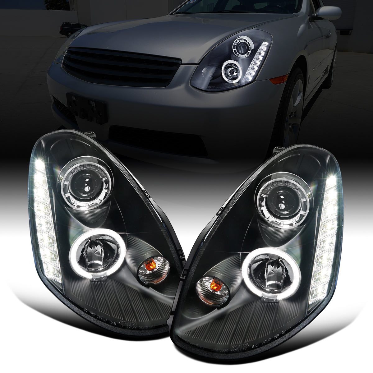 Ronnin - Fits 2005-2006 Infiniti G35 Sedan Projector Headlights LED Running Lights Assembly Pair | Black