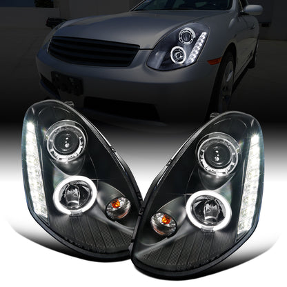 Ronnin - Fits 2005-2006 Infiniti G35 Sedan Projector Headlights LED Running Lights Assembly Pair | Black