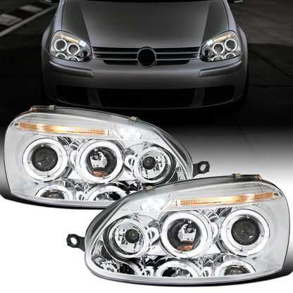 Ronnin - Fits 2006-2008 Volkswagen Golf MK5 Rabbit 2006-2010 Jetta LED Dual Halo Rims Angel Eye Projector Headlights Direct Replacement Pair | Chrome