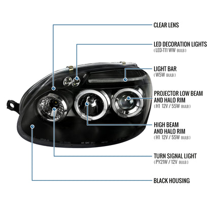 Ronnin - Fits 2006-2008 Volkswagen Golf MK5 Rabbit 2006-2010 Jetta LED Dual Halo Rims Angel Eye Projector Headlights Direct Replacement Pair | Black