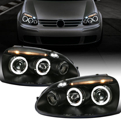 Ronnin - Fits 2006-2008 Volkswagen Golf MK5 Rabbit 2006-2010 Jetta LED Dual Halo Rims Angel Eye Projector Headlights Direct Replacement Pair | Black