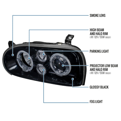 Ronnin - Fits 1993-1998 Volkswagen Golf Cabrio Upgrade Replacement LED Dual Rims Projector Headlights Assembly Pair | Black Smoke