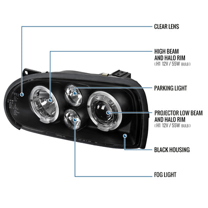 Ronnin - Fits 1993-1998 Volkswagen Golf Cabrio Upgrade Replacement LED Dual Rims Projector Headlights Assembly Pair | Black