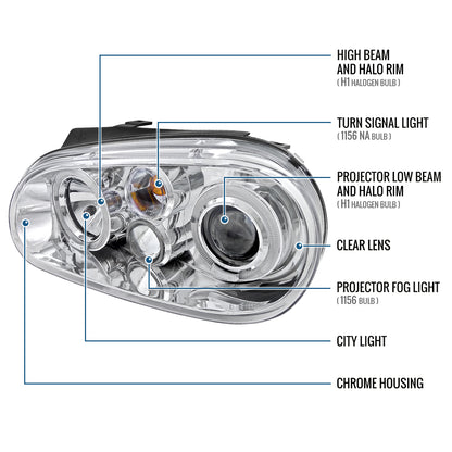 Ronnin - Fits 1999-2006 Volkswagen Golf MK4 GTI Cabrio R32 Upgrade Replacement LED Dual Rims Projector Headlights Assembly Pair | Chrome