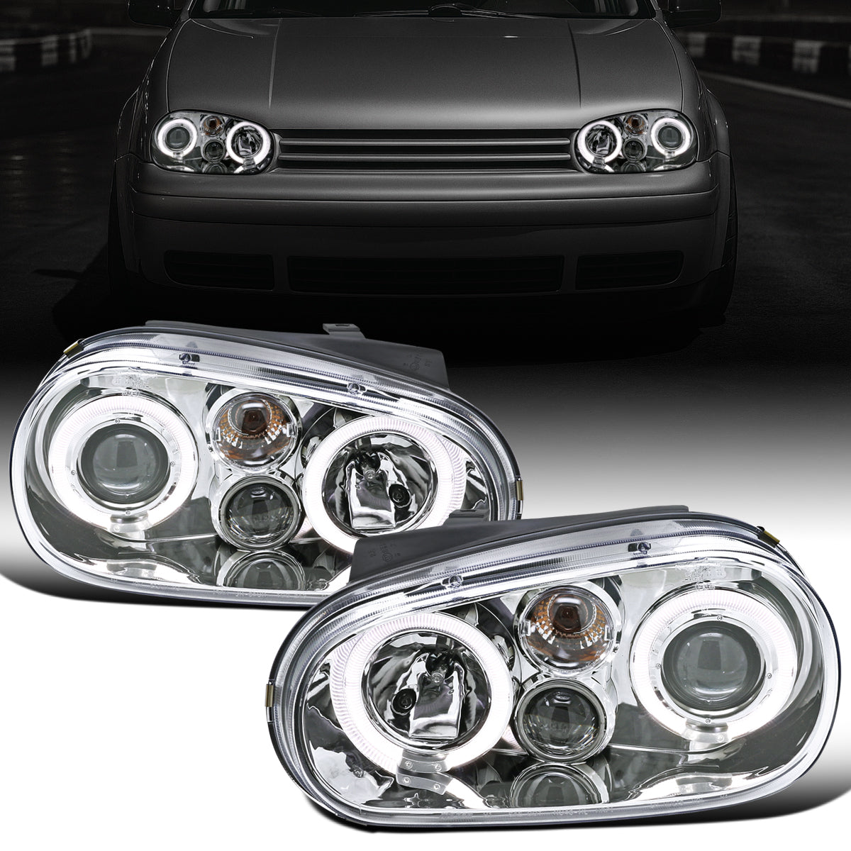 Ronnin - Fits 1999-2006 Volkswagen Golf MK4 GTI Cabrio R32 Upgrade Replacement LED Dual Rims Projector Headlights Assembly Pair | Chrome