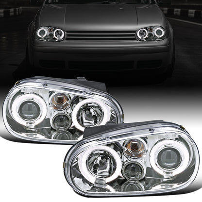 Ronnin - Fits 1999-2006 Volkswagen Golf MK4 GTI Cabrio R32 Upgrade Replacement LED Dual Rims Projector Headlights Assembly Pair | Chrome