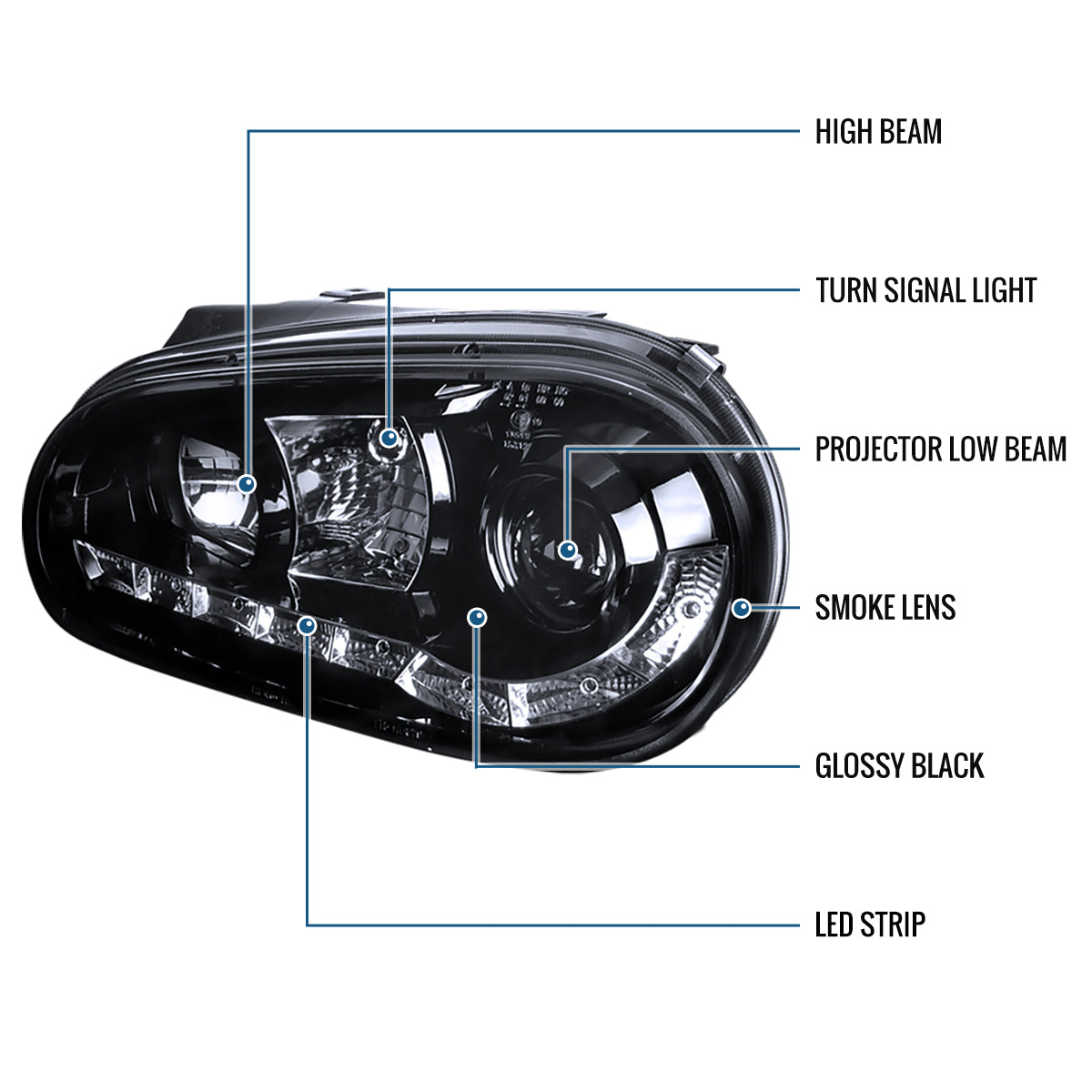 Ronnin - Compatible con Volkswagen Golf MK4 GTI Cabrio R32 1999-2006 Luces diurnas LED Par de faros delanteros con proyector | Negro Ahumado