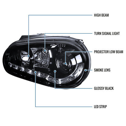 Ronnin - Compatible con Volkswagen Golf MK4 GTI Cabrio R32 1999-2006 Luces diurnas LED Par de faros delanteros con proyector | Negro Ahumado
