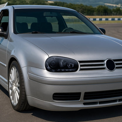 Ronnin - Compatible con Volkswagen Golf MK4 GTI Cabrio R32 1999-2006 Luces diurnas LED Par de faros delanteros con proyector | Negro Ahumado