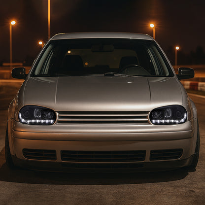 Ronnin - Compatible con Volkswagen Golf MK4 GTI Cabrio R32 1999-2006 Luces diurnas LED Par de faros delanteros con proyector | Negro Ahumado