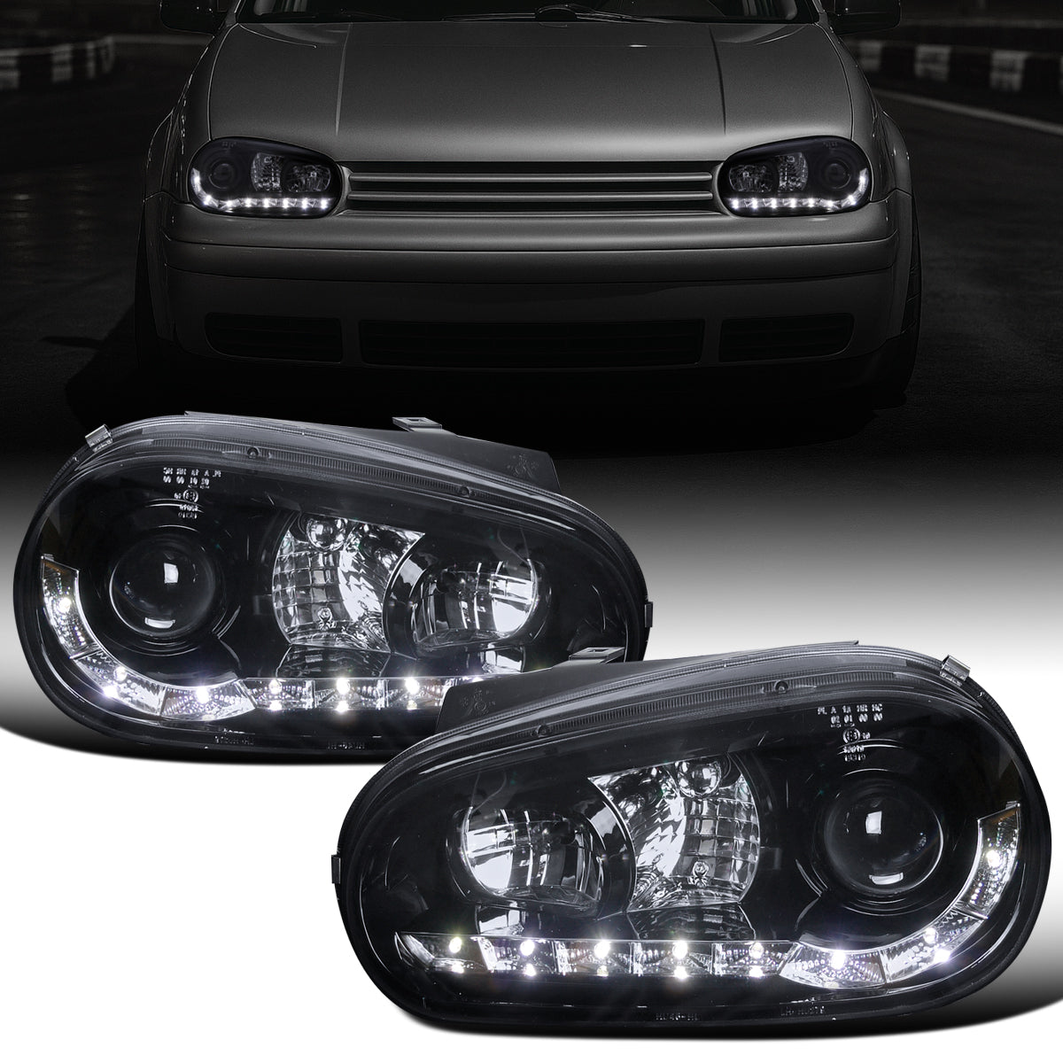 Ronnin - Compatible con Volkswagen Golf MK4 GTI Cabrio R32 1999-2006 Luces diurnas LED Par de faros delanteros con proyector | Negro Ahumado