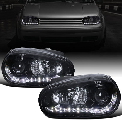 Ronnin - Compatible con Volkswagen Golf MK4 GTI Cabrio R32 1999-2006 Luces diurnas LED Par de faros delanteros con proyector | Negro Ahumado