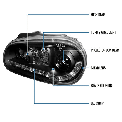 Ronnin - Compatible con Volkswagen Golf MK4 GTI Cabrio R32 1999-2006 Luces Diurnas LED Proyector Faros Delanteros Ensamblaje Par | Negro