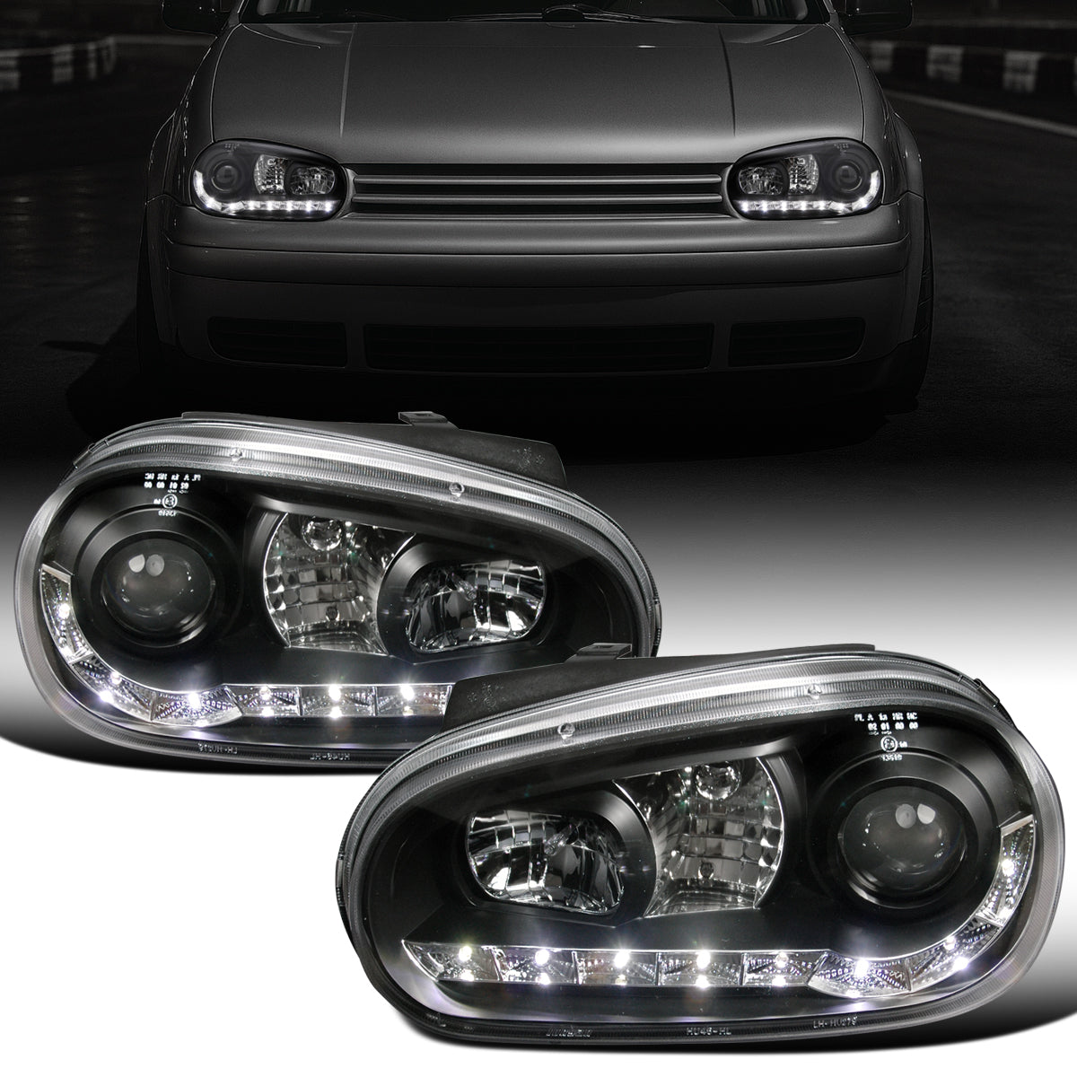 Ronnin - Compatible con Volkswagen Golf MK4 GTI Cabrio R32 1999-2006 Luces Diurnas LED Proyector Faros Delanteros Ensamblaje Par | Negro